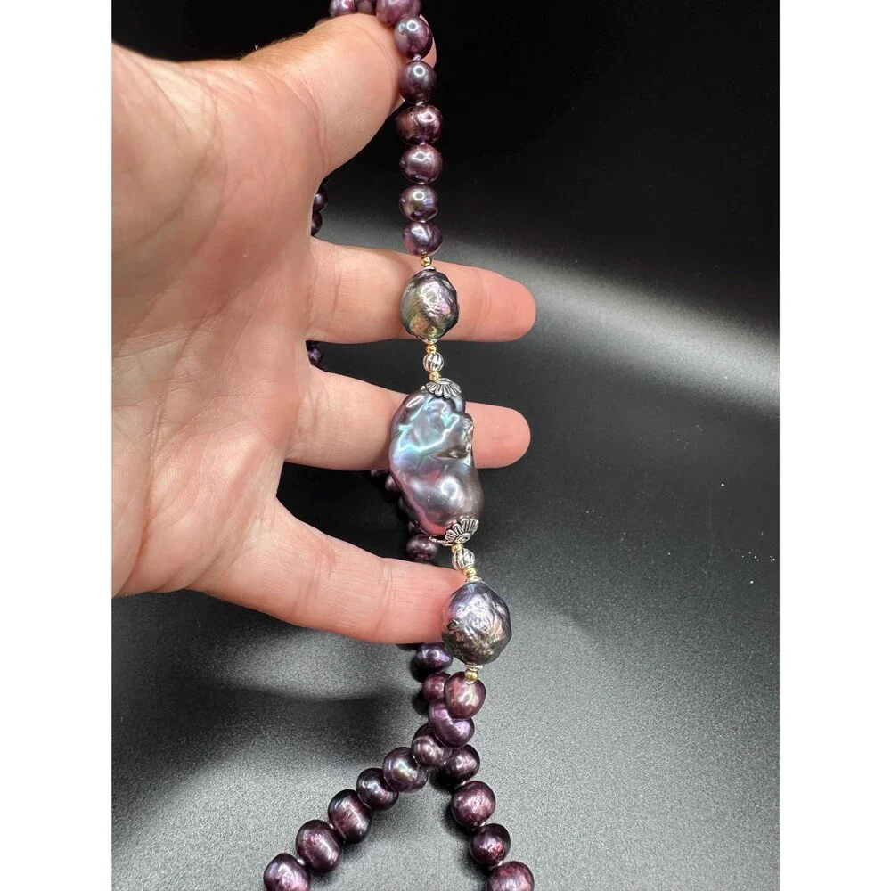 Baroque purple pearl necklace 925 sterling silver bi metal gold and silver jewel